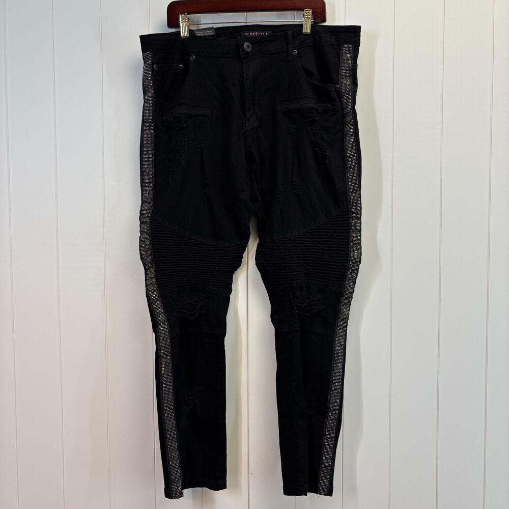 M Society Mens Rocker Metal Goth Bling Skinny Jeans Size 38 X 32‎ Distressed NWT